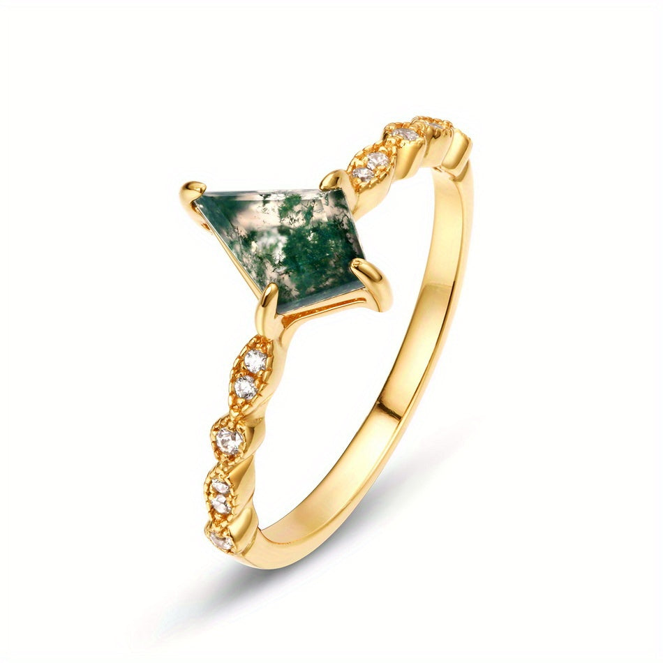 Silver Ring for Women with Green Moss Agate 6x9mm Water Grass Stone Gold-Plated Jewelry