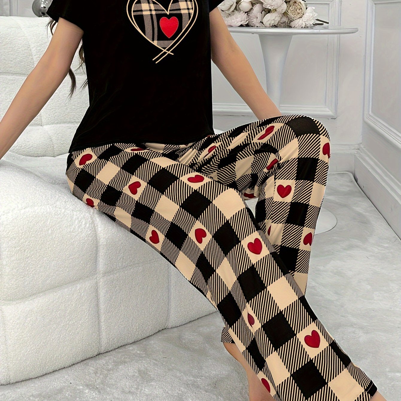 Women's Heart Plaid Pajama Set Short Sleeve Top and Pants Casual All-Season Polyester