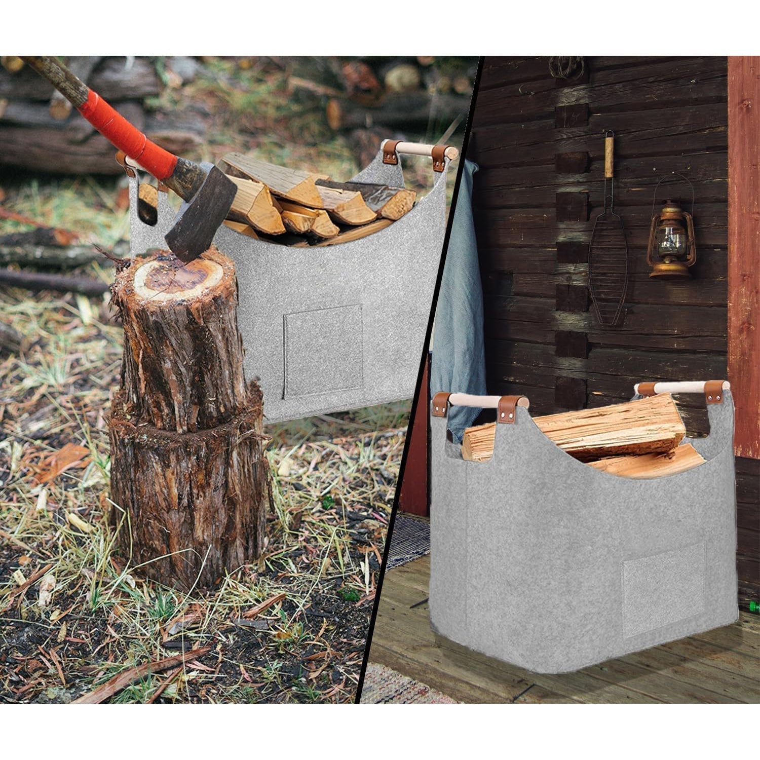 Большая серая корзина для дров из прочного ПЭТ-материала с ручками, очень толстое войлочное хранилище для дров, настенный держатель для дров для камина, емкость 36 кг/46 л, размеры 45x40x32 см