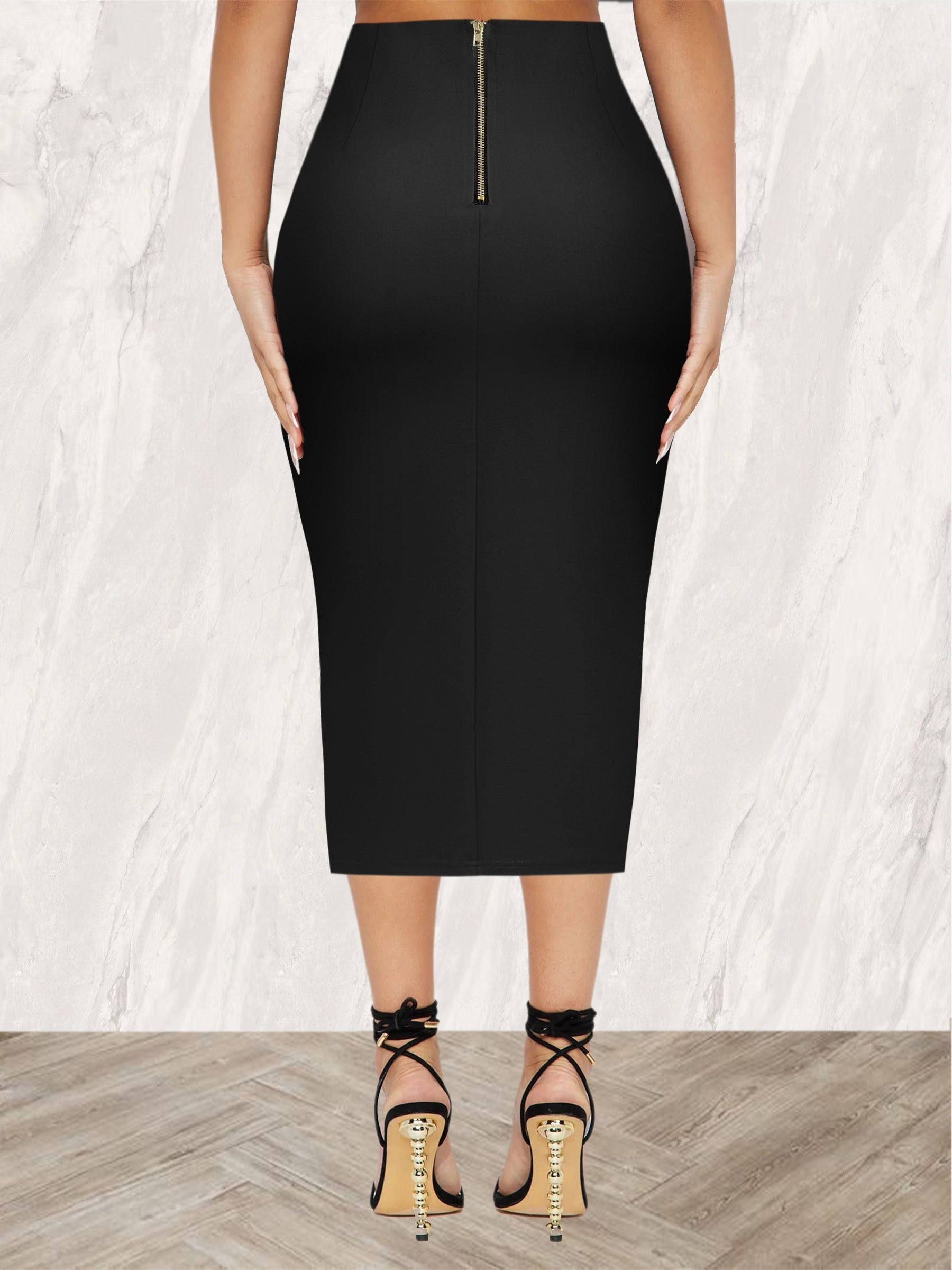 Women's Black Midi Skirt with High Waist and Side Slit Stretchy Rayon Blend for Spring Summer