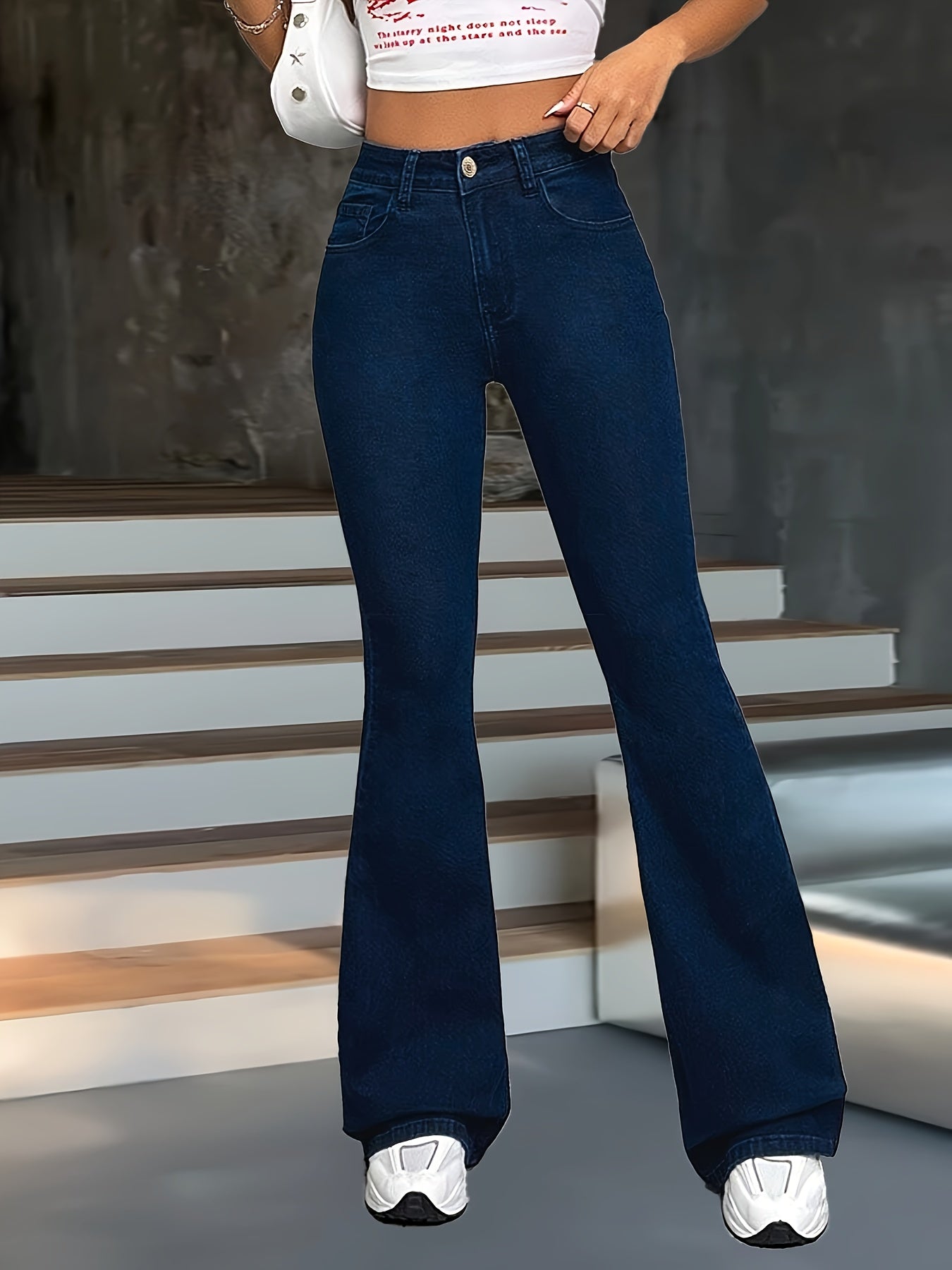 Navy High Waist Flare Leg Denim Trousers with Elastic Waist for All Seasons