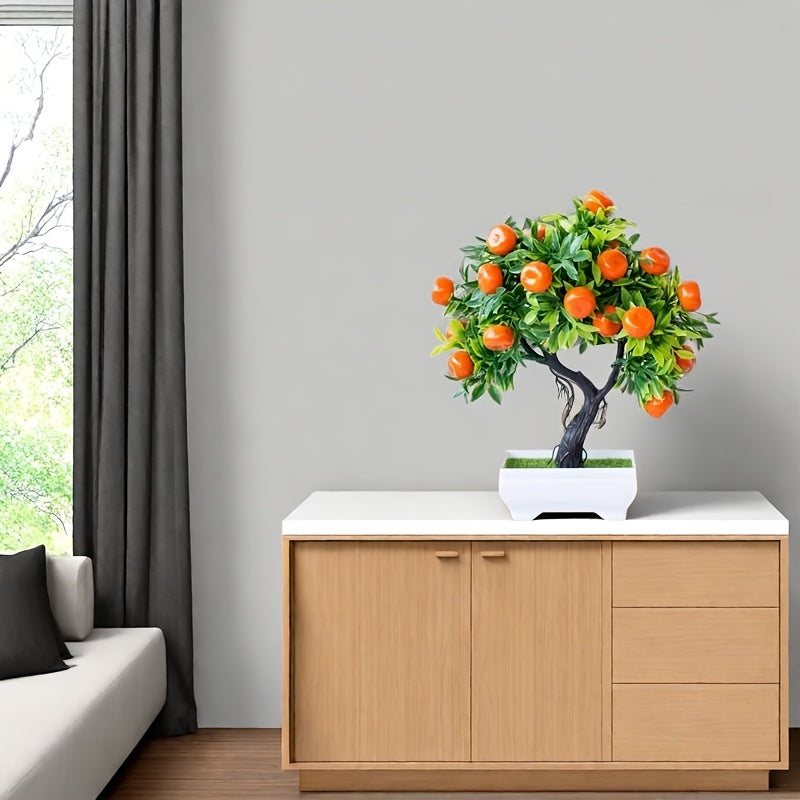 Uy ofis dekoratsiyasi uchun yashil bargli va oq idishli sun'iy apelsin daraxti bonsai