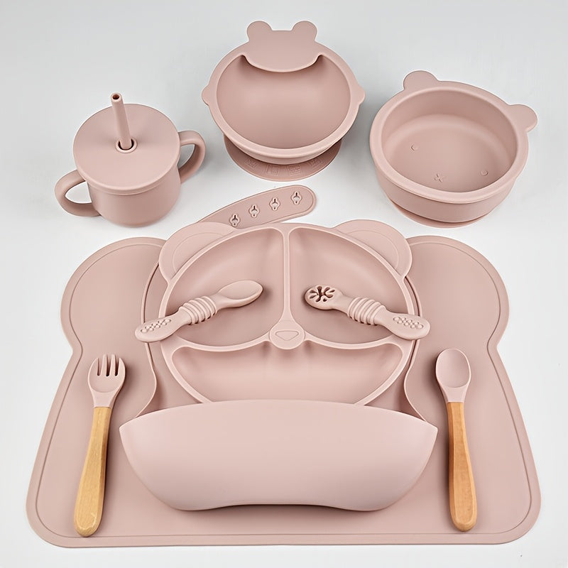 Kids Silicone Dinnerware Set 10 Pieces Bear Theme Plates Bowls Spoons Forks Bibs