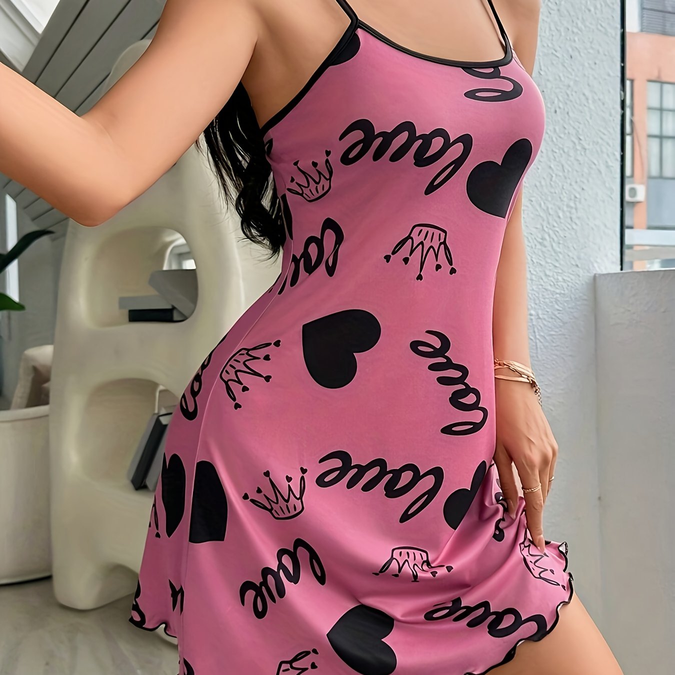 Pink Sleeveless Nightdress for Teens with Heart and Crown Print Polyester Blend Casual Loungewear