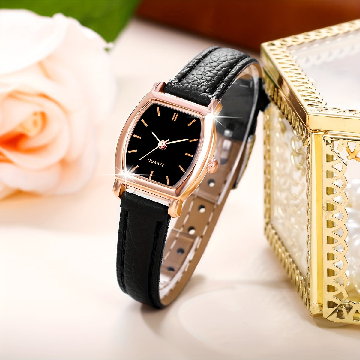 Ladies Watch Set with 5 Quartz Watches Brown PU Straps Jewelry for Women