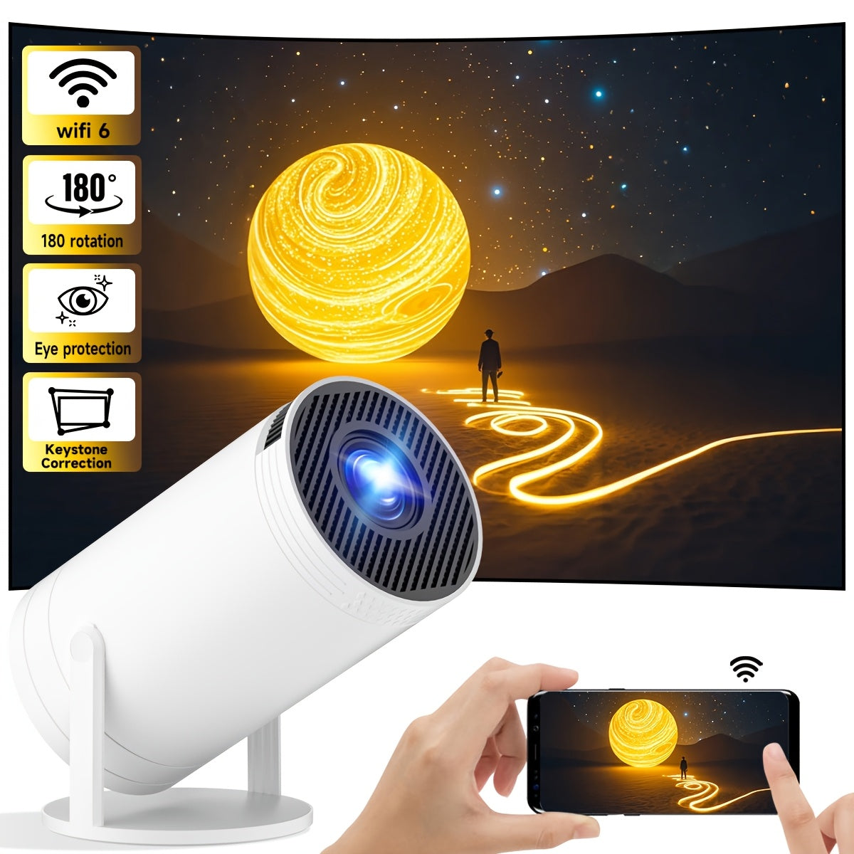 Portable Smart Projector with 180° Rotating Design for Bedroom 3D Sound