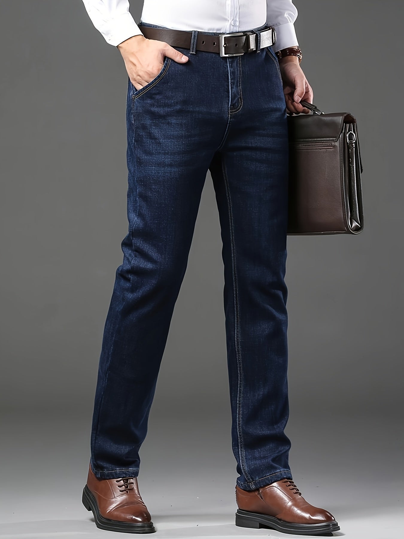 Men's Regular Fit Jeans with Slight Stretch Solid Color Denim for Spring Fall