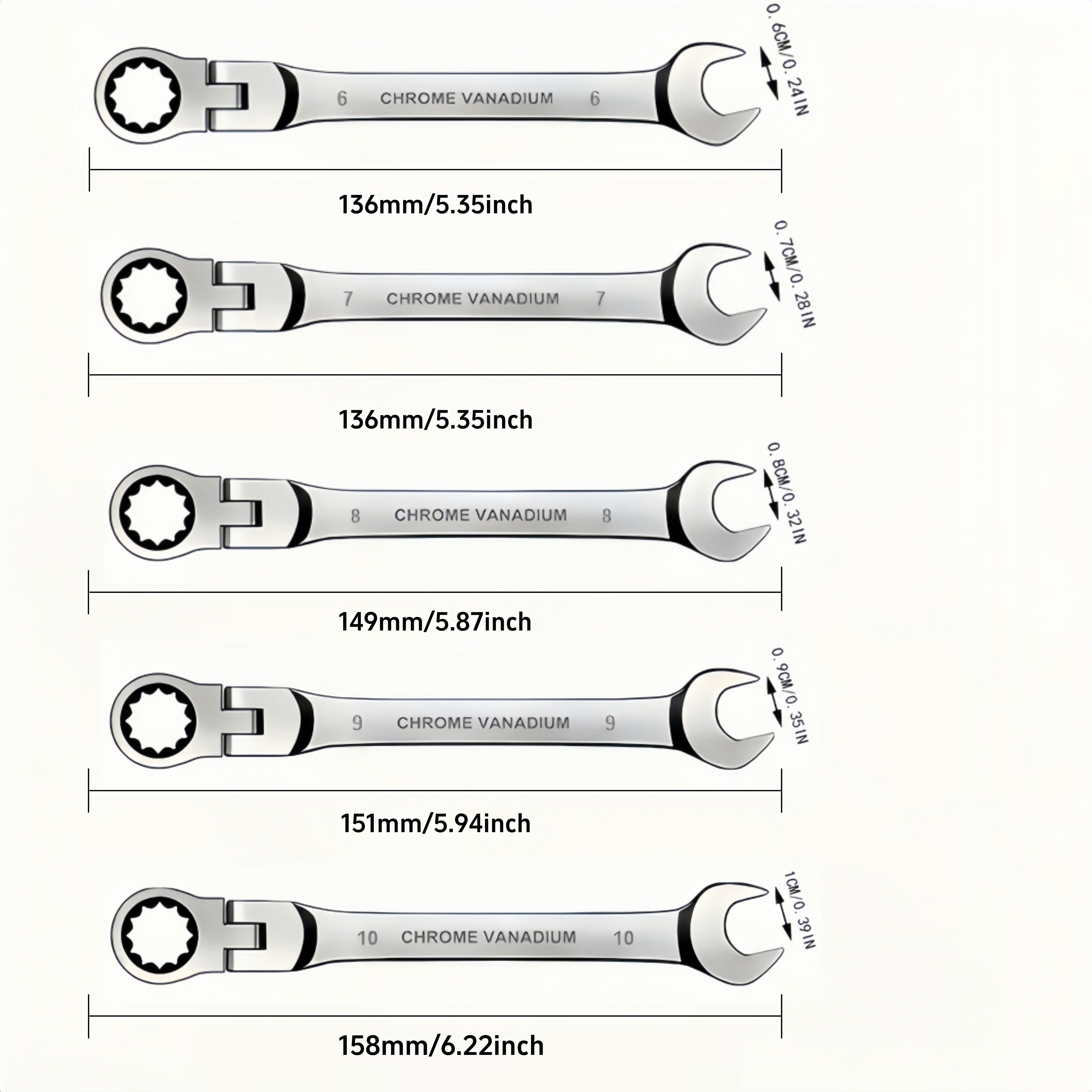 Juego de 5 piezas de llaves de carraca ajustables en acero, herramientas manuales multiusos para automoción