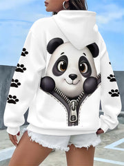 Plus o'lcham Panda bosma chiziqli kapşonli, kundalik uzun qo'l kiyimi, kuz-qish uchun ayollar