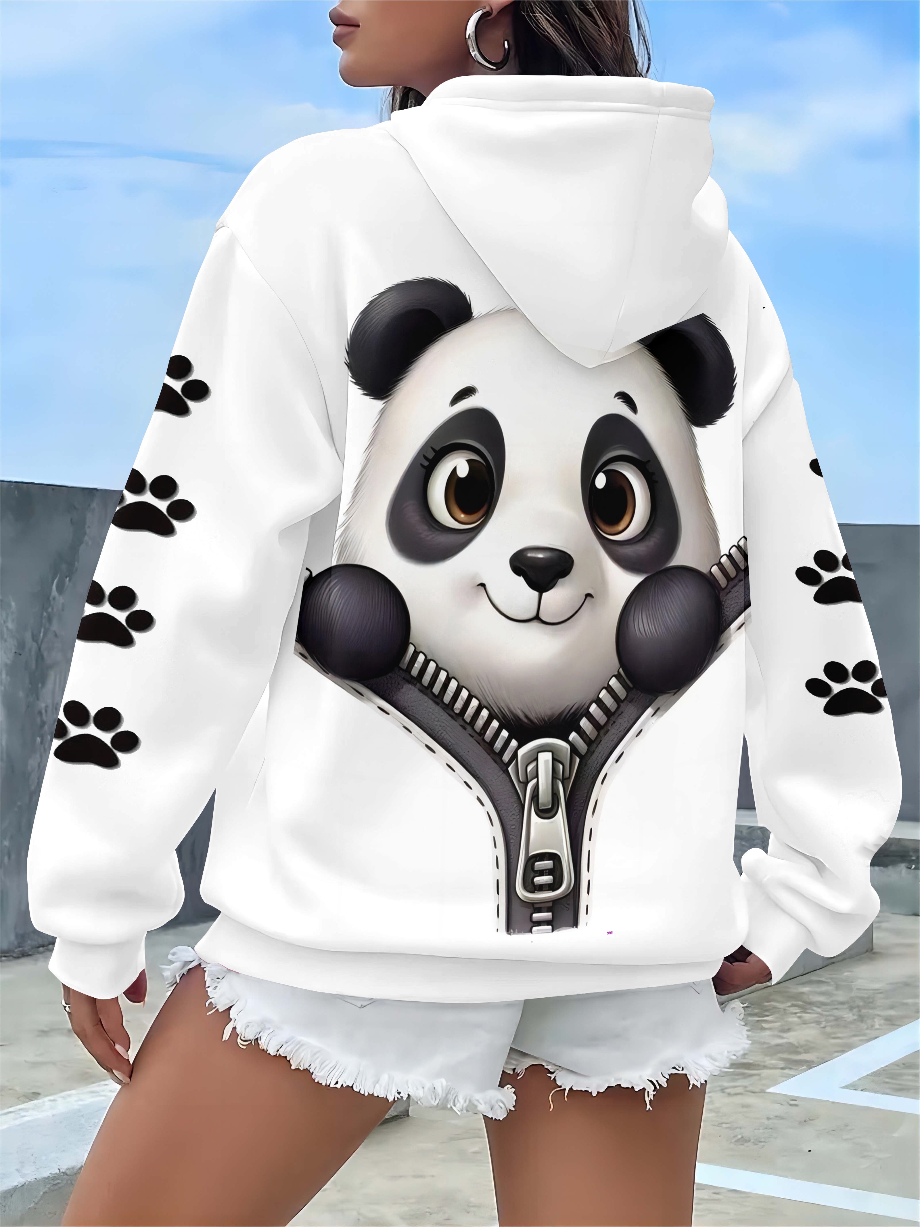 Plus o'lcham Panda bosma chiziqli kapşonli, kundalik uzun qo'l kiyimi, kuz-qish uchun ayollar