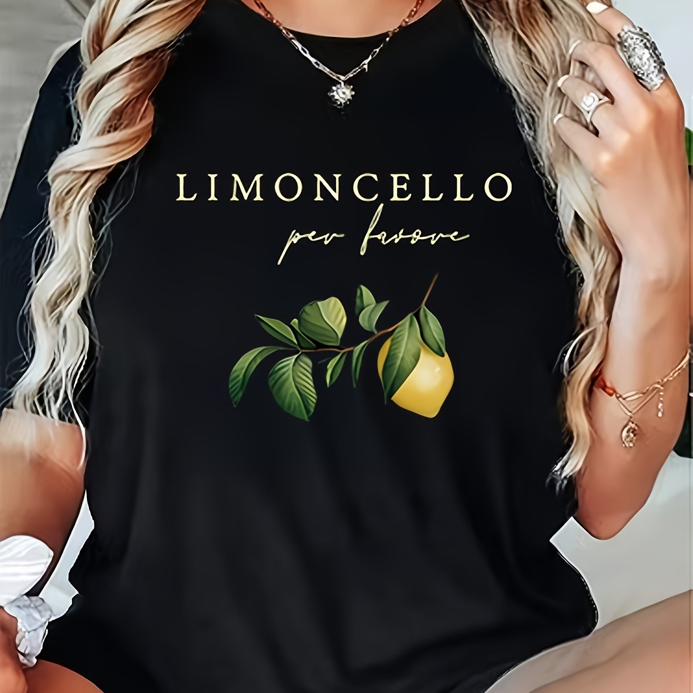 Plus Size Women's Lemon Graphic T-Shirt Black Crew Neck Short Sleeve Casual