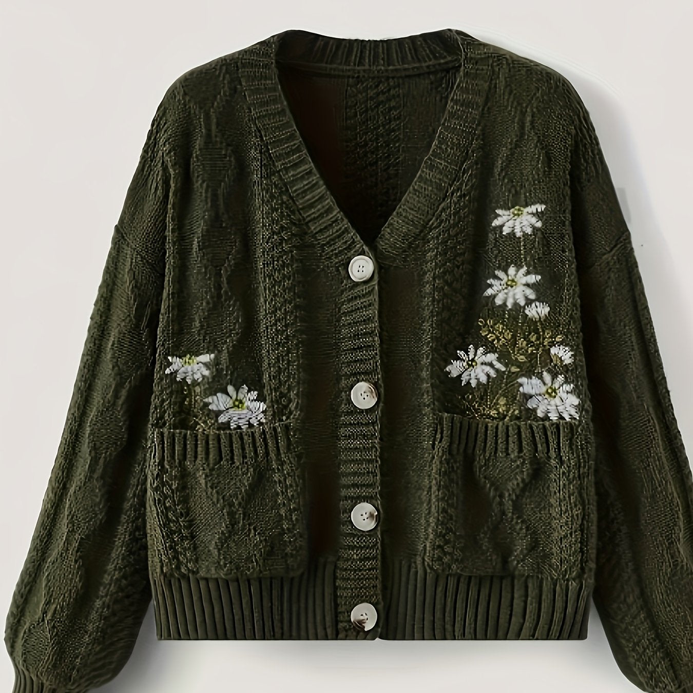 Women's Polyester Knit Open-Front Cardigan with Floral Pattern Long Sleeve Autumn Winter Oversized