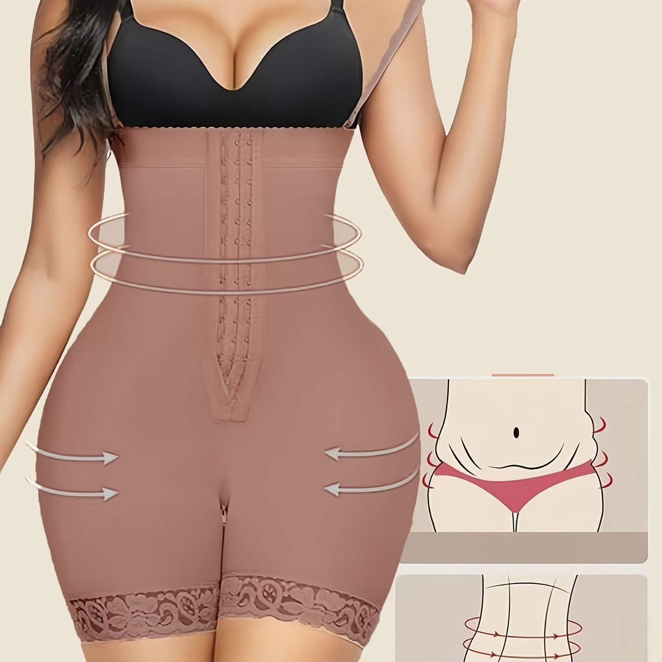 Body moldeador de cintura alta con control de abdomen y detalle de encaje para mujer en beige