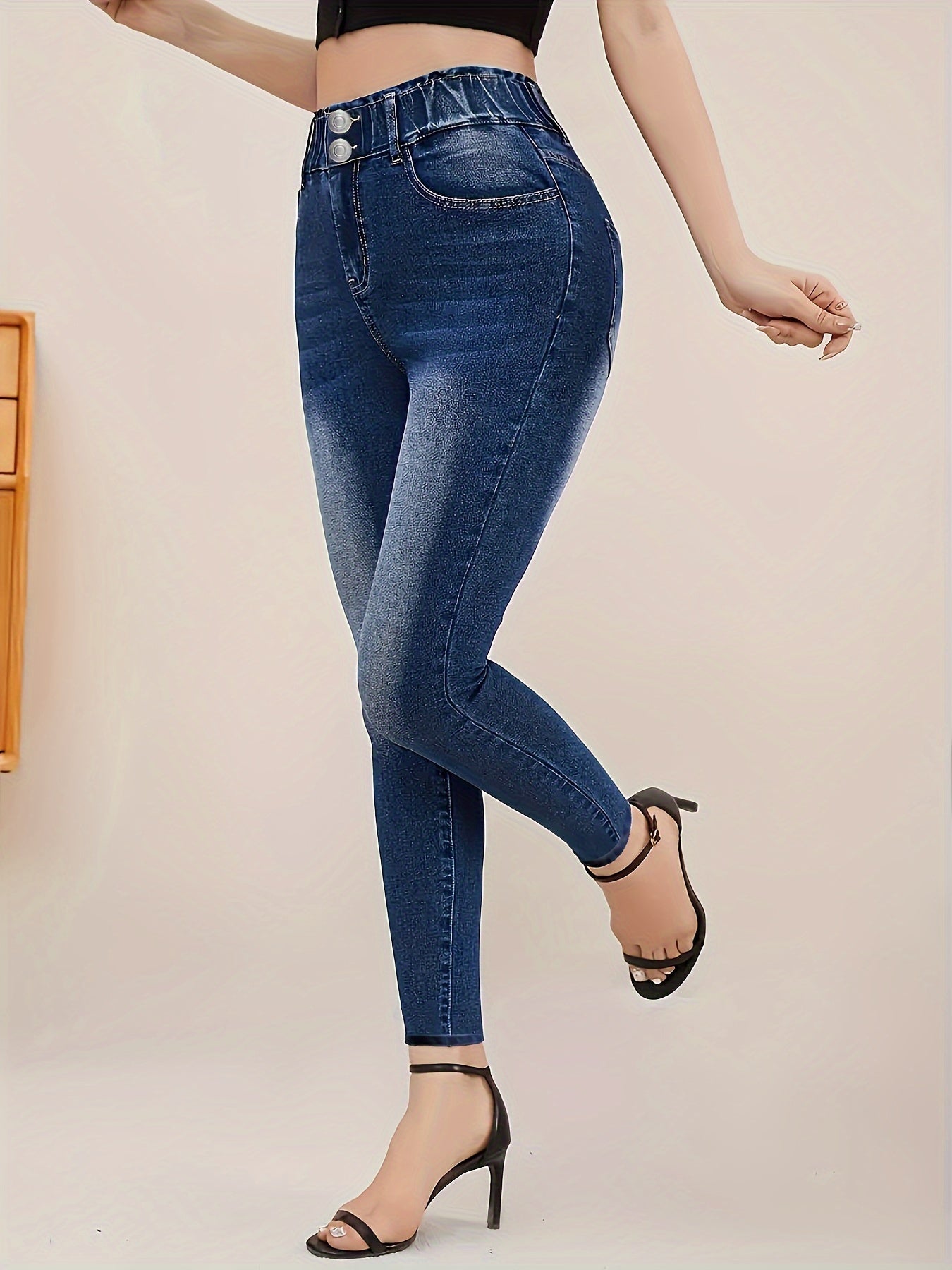 Jeans vaqueros de talla grande con cintura alta y efecto adelgazante, casual, de color sólido, para todas las estaciones