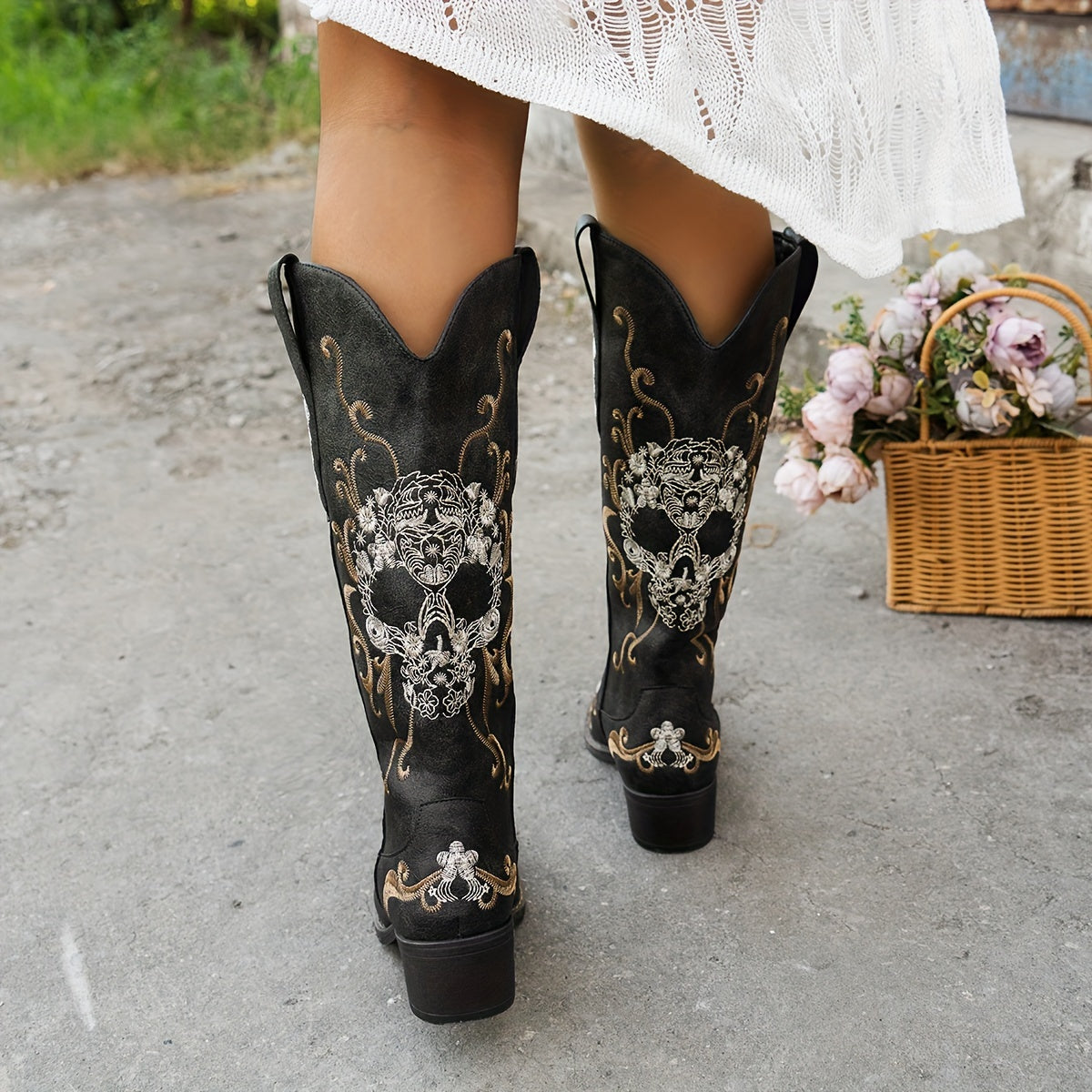 Women's Western Cowboy Boots with Floral Embroidery Black Faux Cover Square Toe