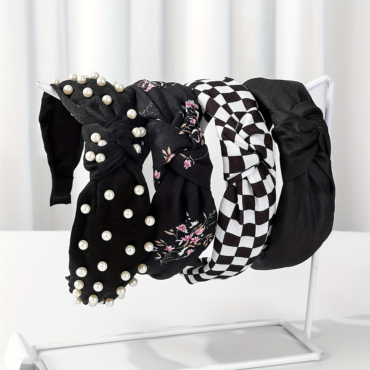 Set of 4 Women's Fabric Floral and Polka Dot Knotted Headbands with Faux Pearl Details