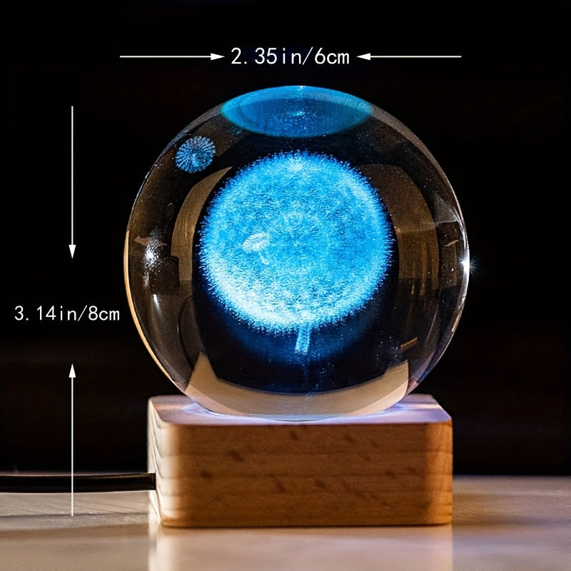 3D Crystal Ball Night Light with LED USB Desk Decor Choose Clover Carousel Dandelion Unicorn