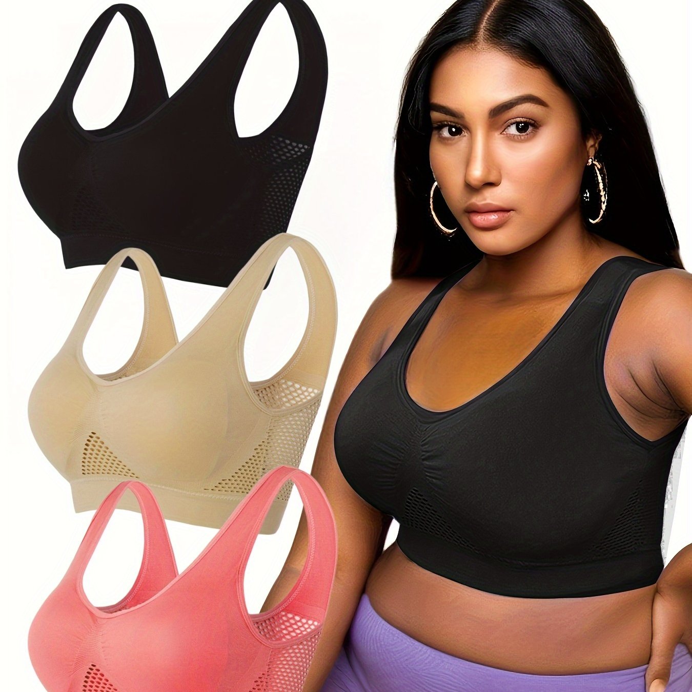 Plus Size Sports Bras Pack Wireless Breathable Workout Bras for Women