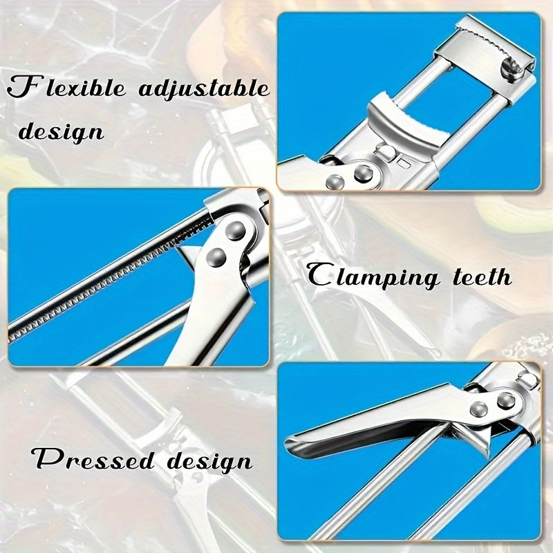 Kuchsiz qo'llar uchun moslashuvchan zanglamas po'latdan yasalgan banka va qopqoq ochuvchi. Uyda va ochiq havoda foydalanish uchun mukammal. Elektr energiyasini talab qilmaydi.