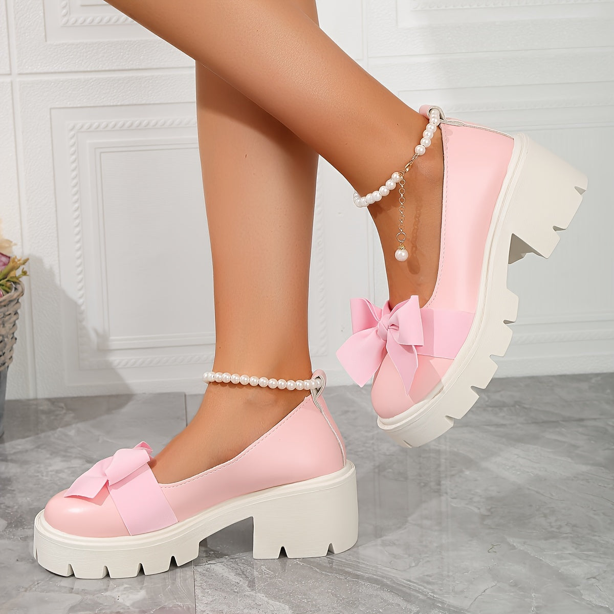 Women's Solid Color Loafers with Bowknot and Chunky Heels