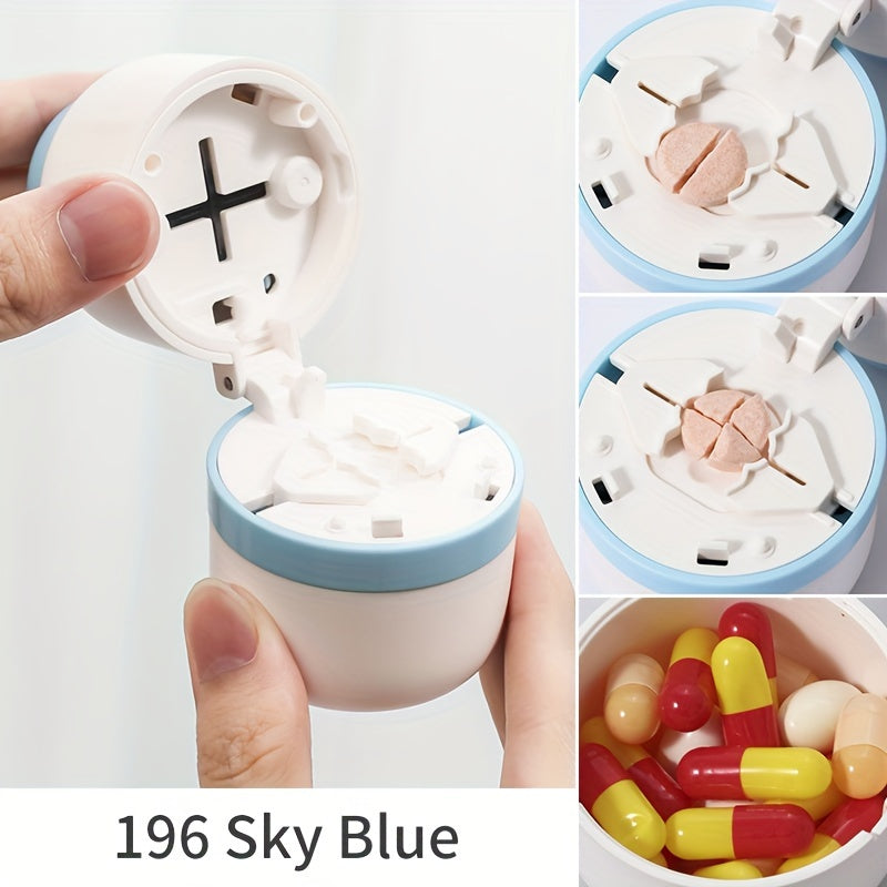 Oson dozajni boshqarish uchun ichki pichoq bilan jihozlangan portativ tabletkalarni kesish va bo‘lish uchun mo‘ljallangan ixcham dori qutisi.