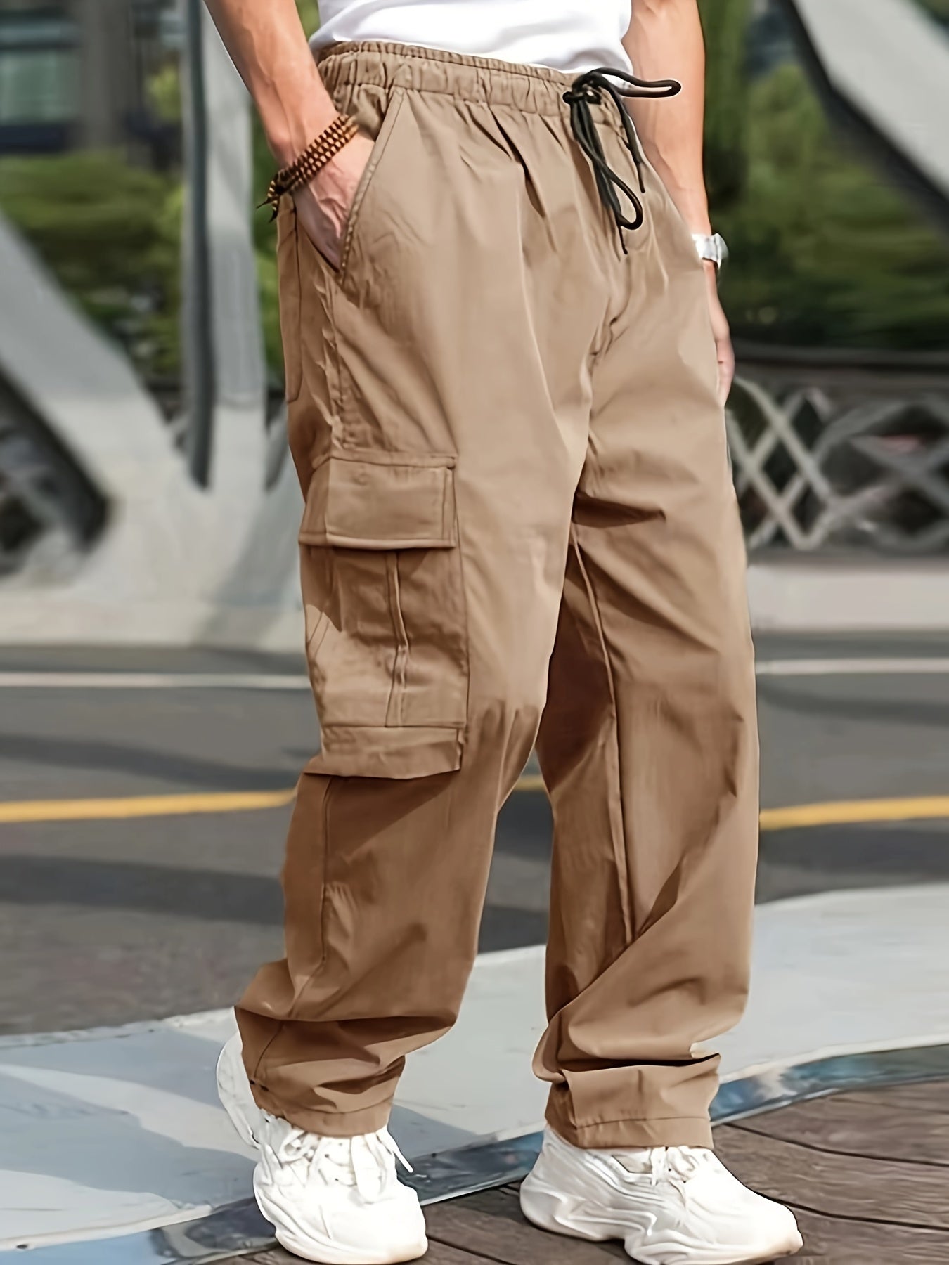 Men's Olive Green Cargo Pants Lightweight Twill with Side Pockets Adjustable Waist All-Season