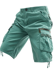 Erkaklar uchun ortiqcha kattalikdagi paxta yuk shortlari, cho'zilmaydigan, bir nechta cho'ntaklar, bir rangda, keng kesimda va to'qilgan mato.