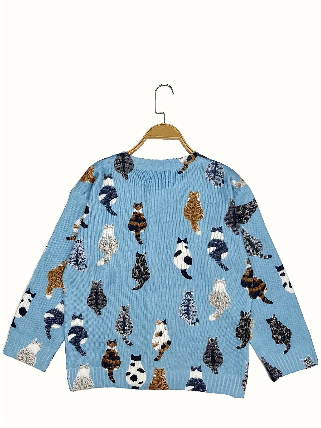 Plus Size Women's Light Blue Cat Print Cardigan Long Sleeve Open Front Sweater