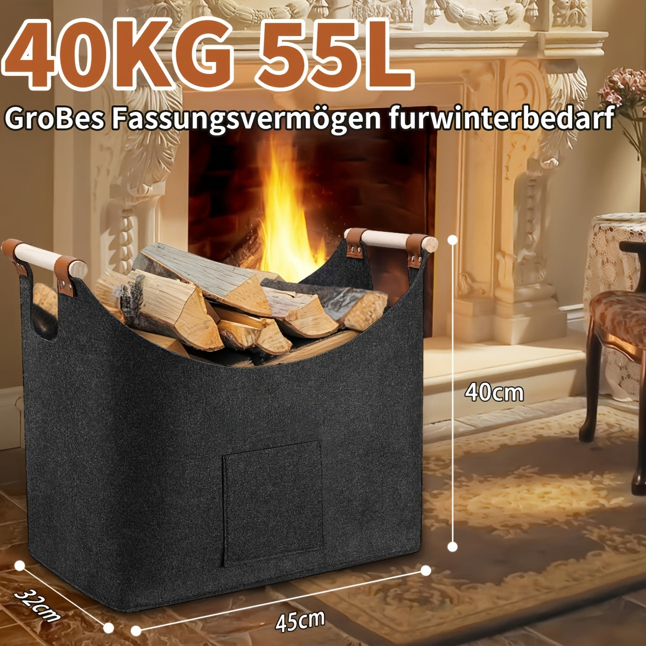 Wood Basket XXL Firewood Basket with Handles Dark Gray 55L Foldable