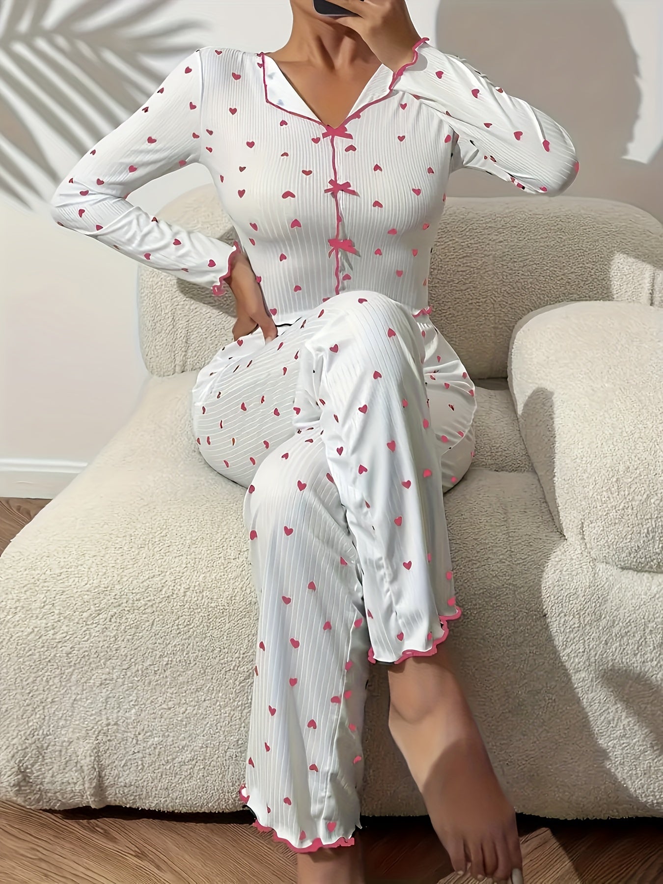 Heart Print Lounge Set with Frill Trim and Bow Detail for Women