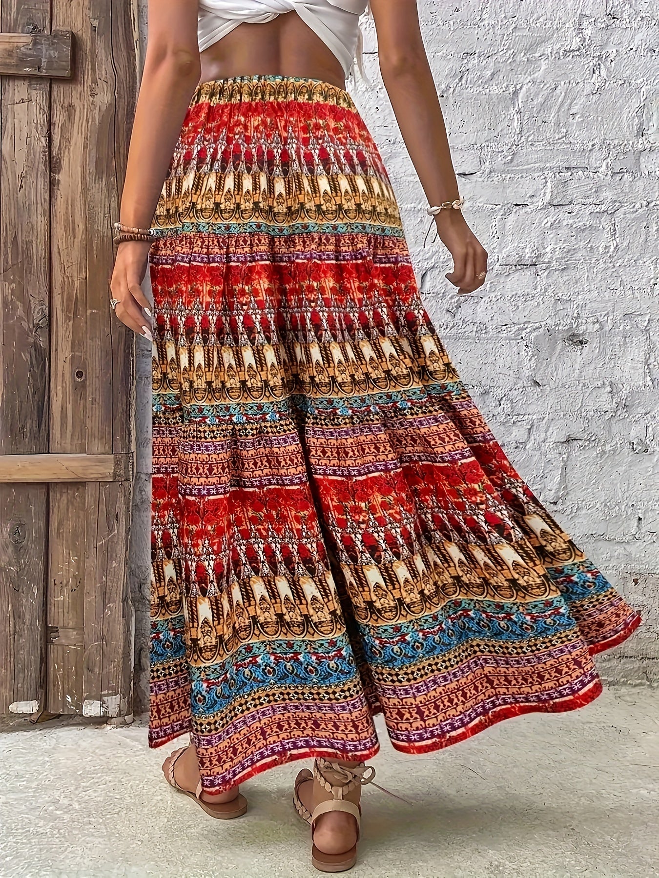 Women's Bohemian Tropical Print Maxi Skirt High-Waisted Ruffled Beachwear