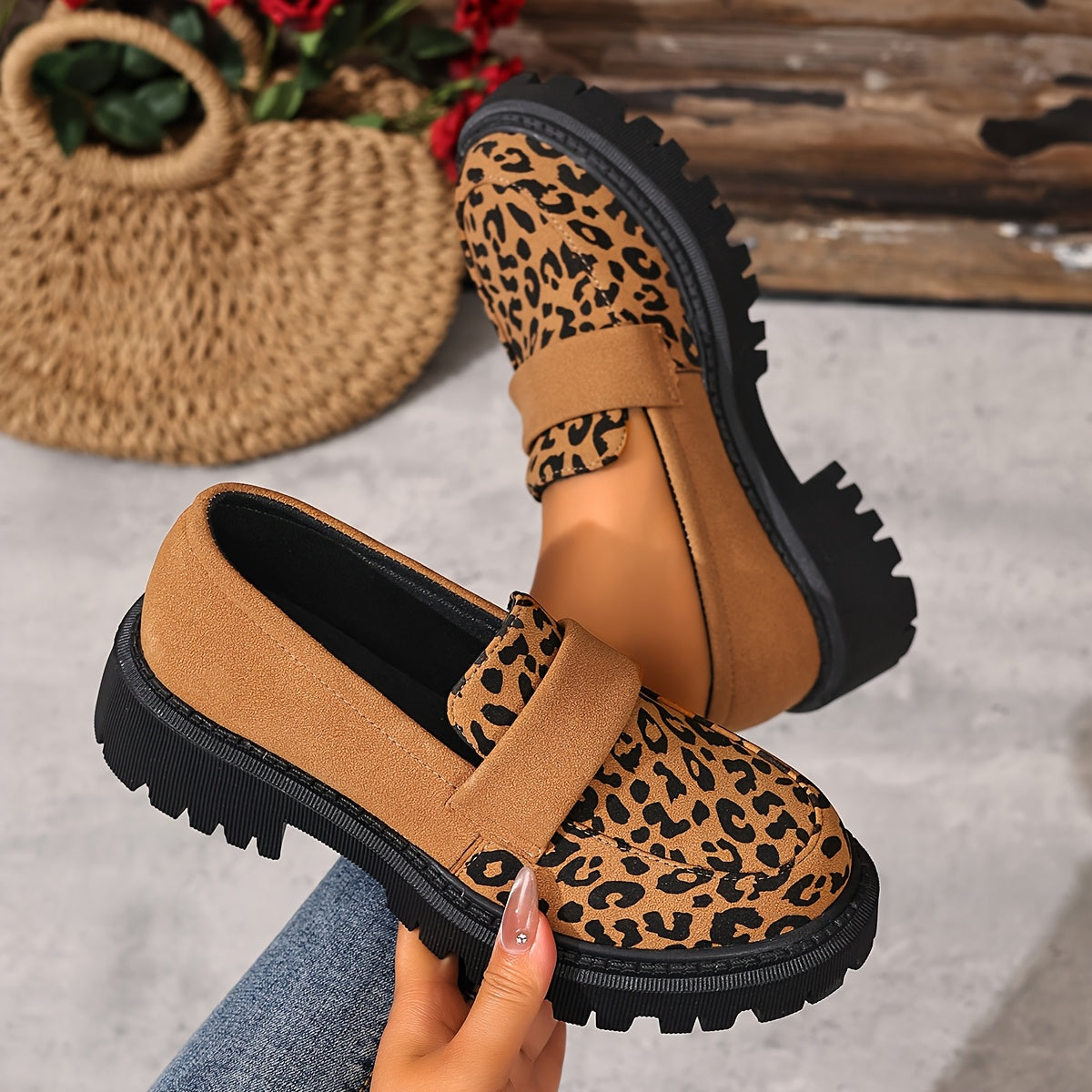 Women Leopard Print Loafers Thick Sole Comfortable Slip-On Shoes