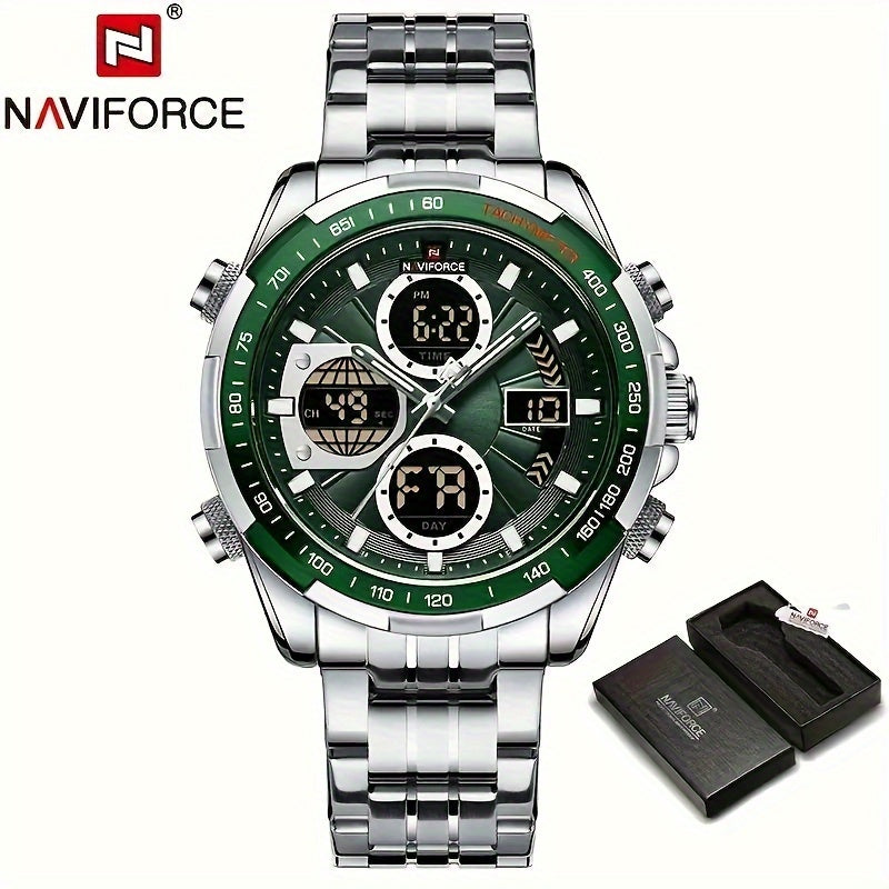 Men's Sports Quartz Watch Waterproof Leather Dual Display Chronograph Tachymeter Green Accents