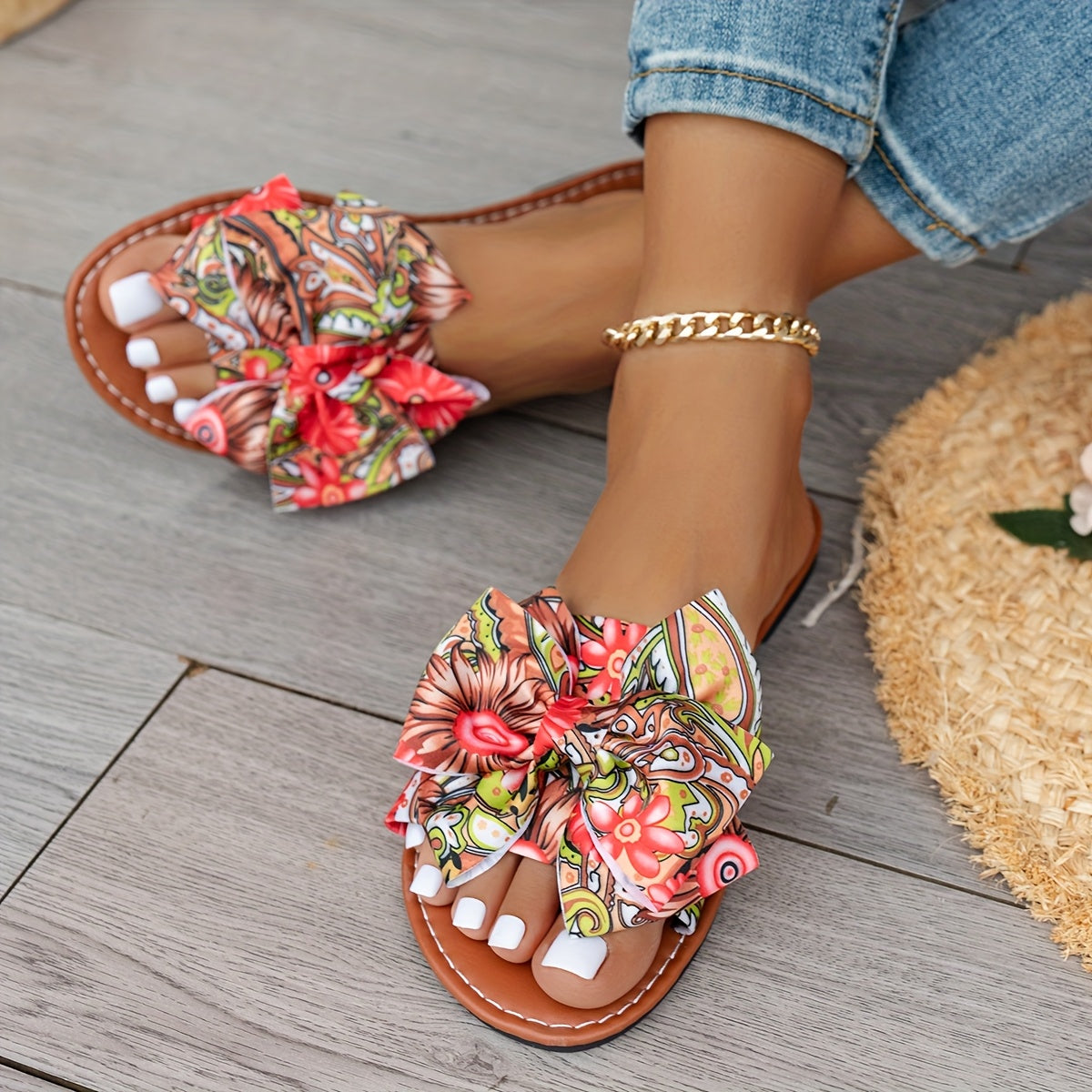 Women Bohemian Floral Slide Sandals Vibrant Blue Orange Green Strappy