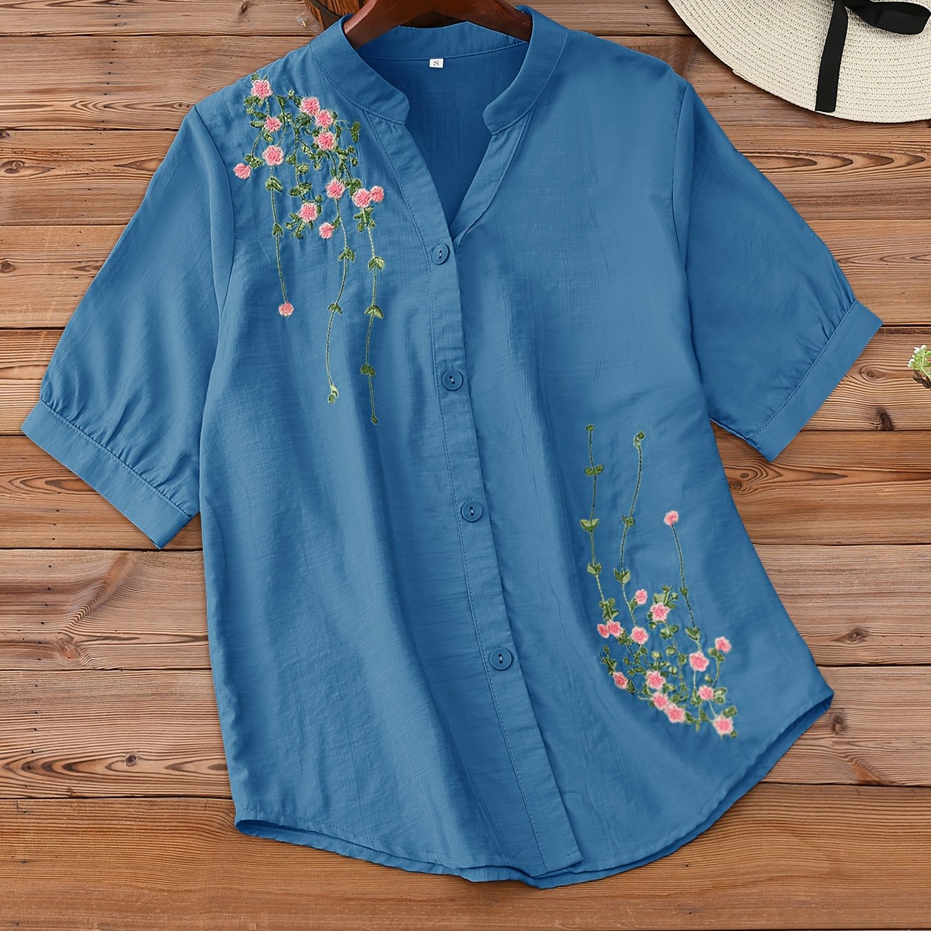 Floral Embroidered Women's V-Neck Blouse Short Sleeve Rayon Polyamide Spring Summer