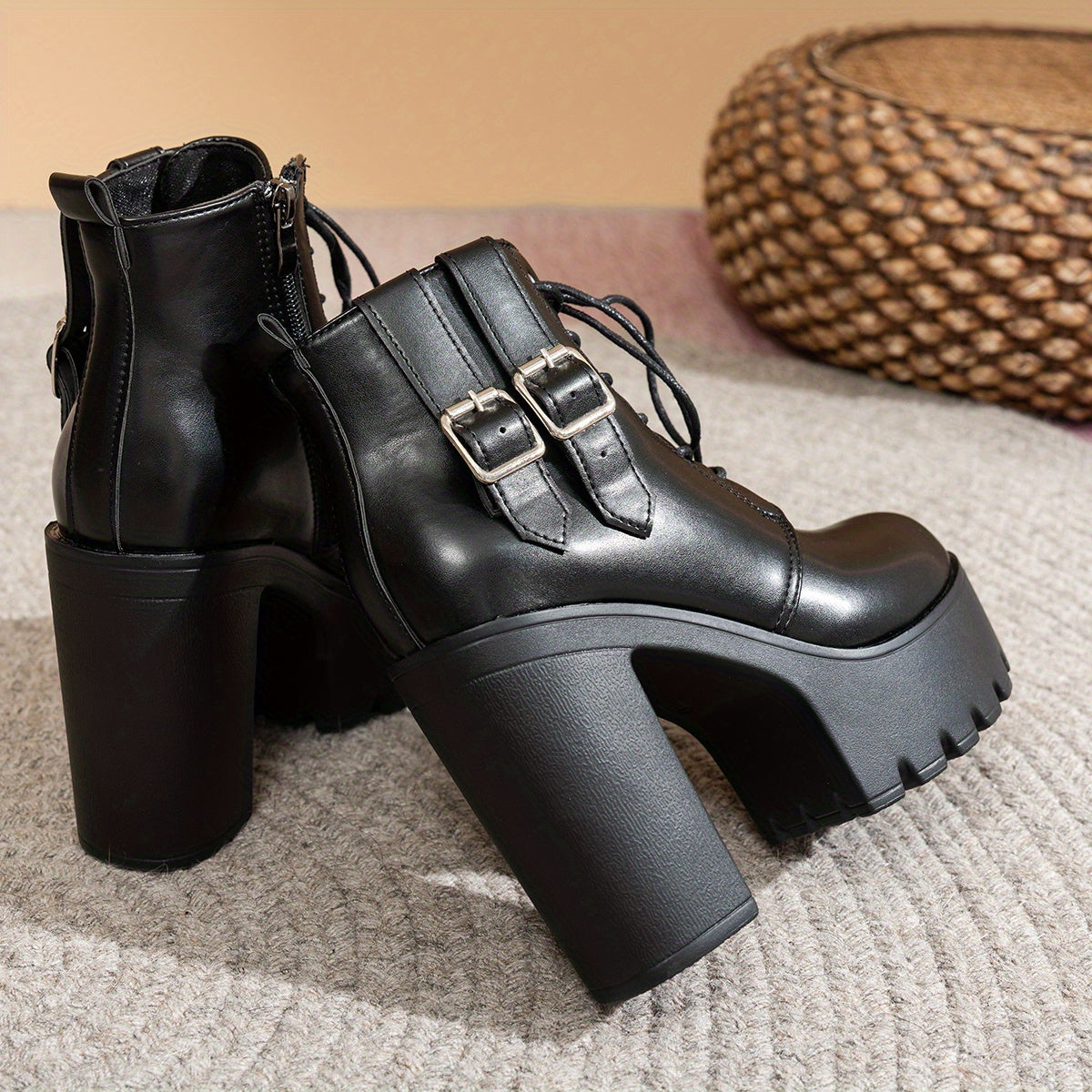 Women Black Double Buckle High Heel Ankle Boots Stylish Platform Dress Shoes
