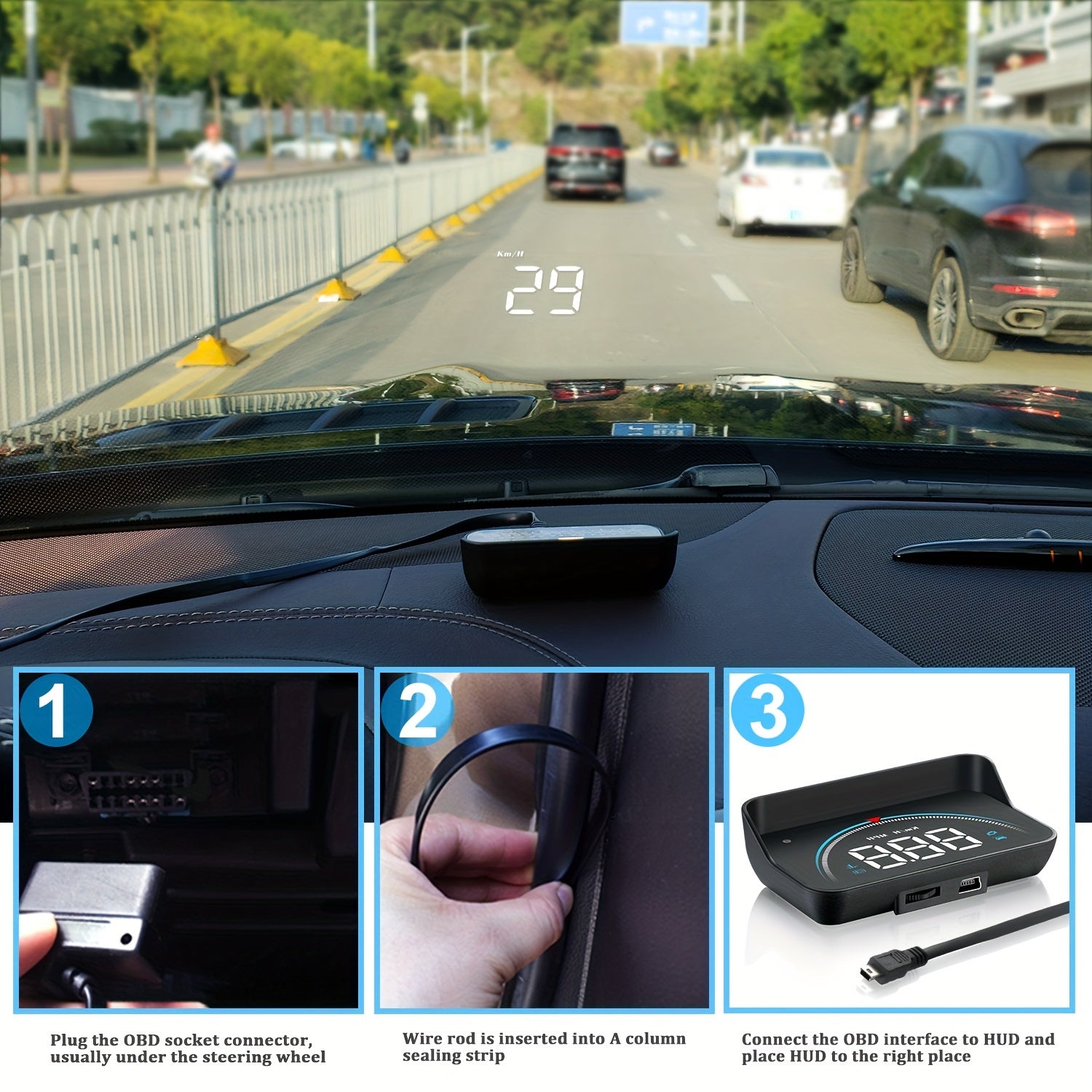 Car Heads-Up Display HD Portable Projector for Vehicles Speed Temperature Alarm