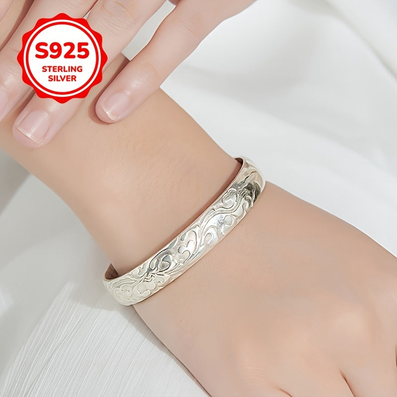 925 Sterling Silver Bangle, zamonaviy retro gullar dizayni bilan ochiq uslubda.
