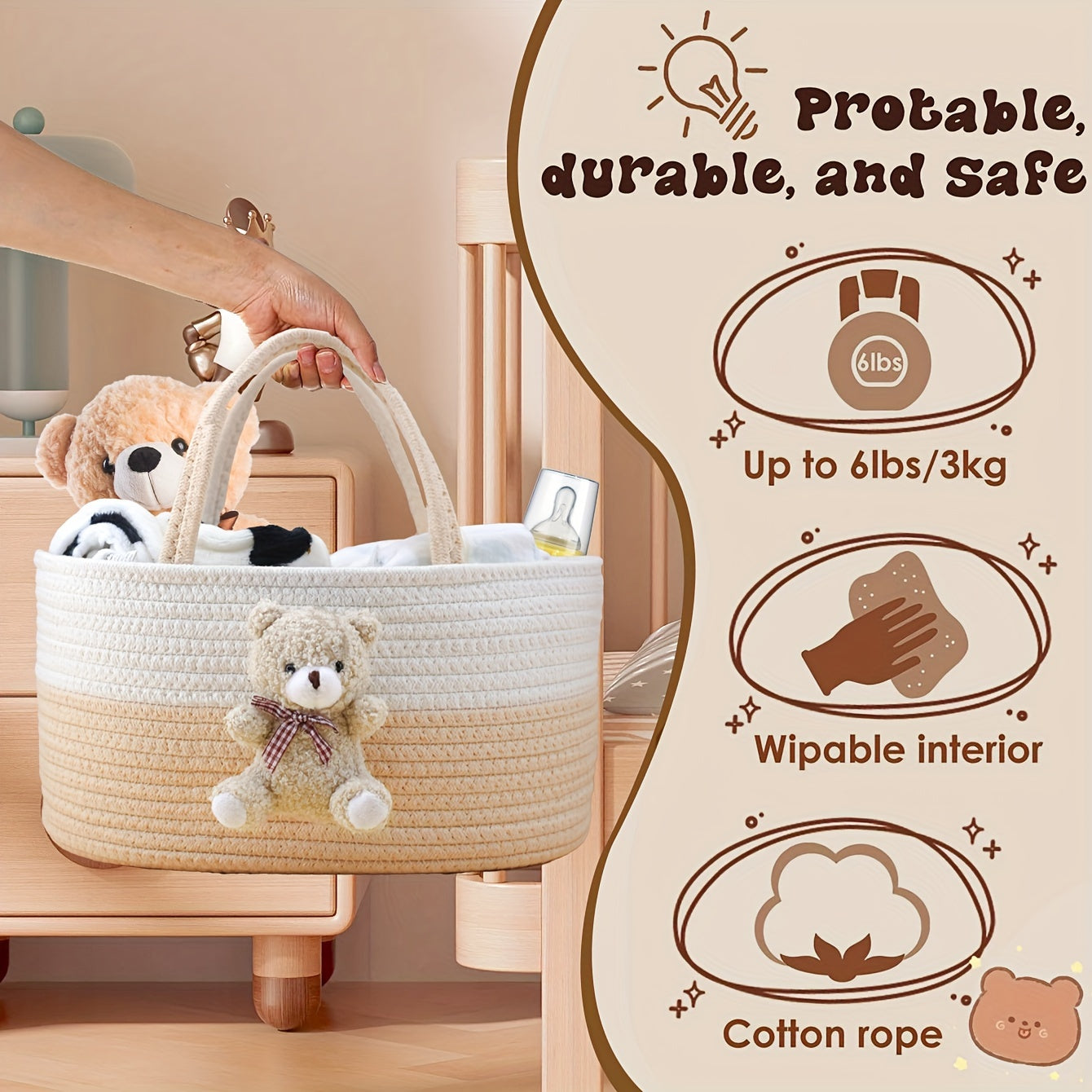 Nursery Diaper Caddy with Handles Storage Basket for Diapers Wipes Toys