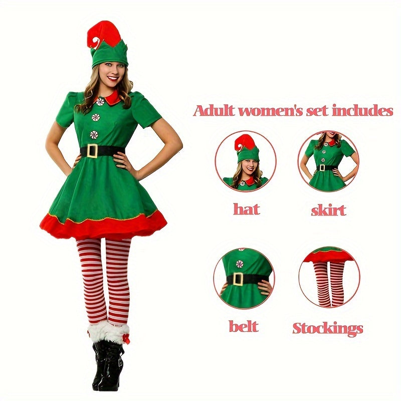 Women's Christmas Elf Costume Set Includes Dress Hat Socks Belt Holiday Party Wear