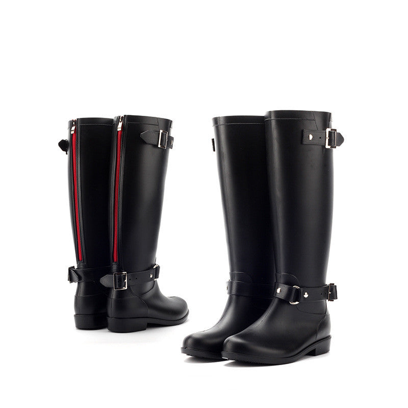 Women's PVC High-Calf Rain Boots with Adjustable Buckles Black Outdoor