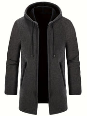 Erkaklar uchun sarg'ish kulrang polyester trench palto, tortish qismi, bosh kiyim, metall fermuar tafsiloti va cho'ntaklar bilan, kuz/qish uchun mukammal, katta o'lchamda.