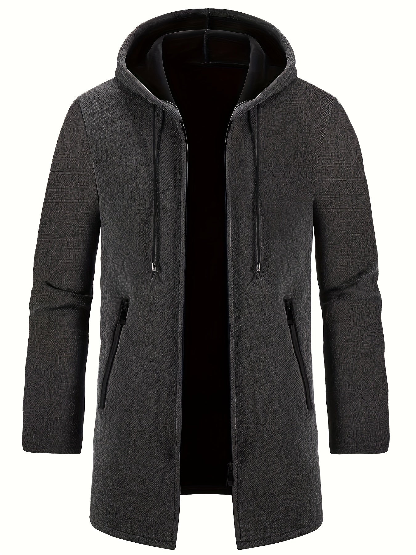 Erkaklar uchun sarg'ish kulrang polyester trench palto, tortish qismi, bosh kiyim, metall fermuar tafsiloti va cho'ntaklar bilan, kuz/qish uchun mukammal, katta o'lchamda.