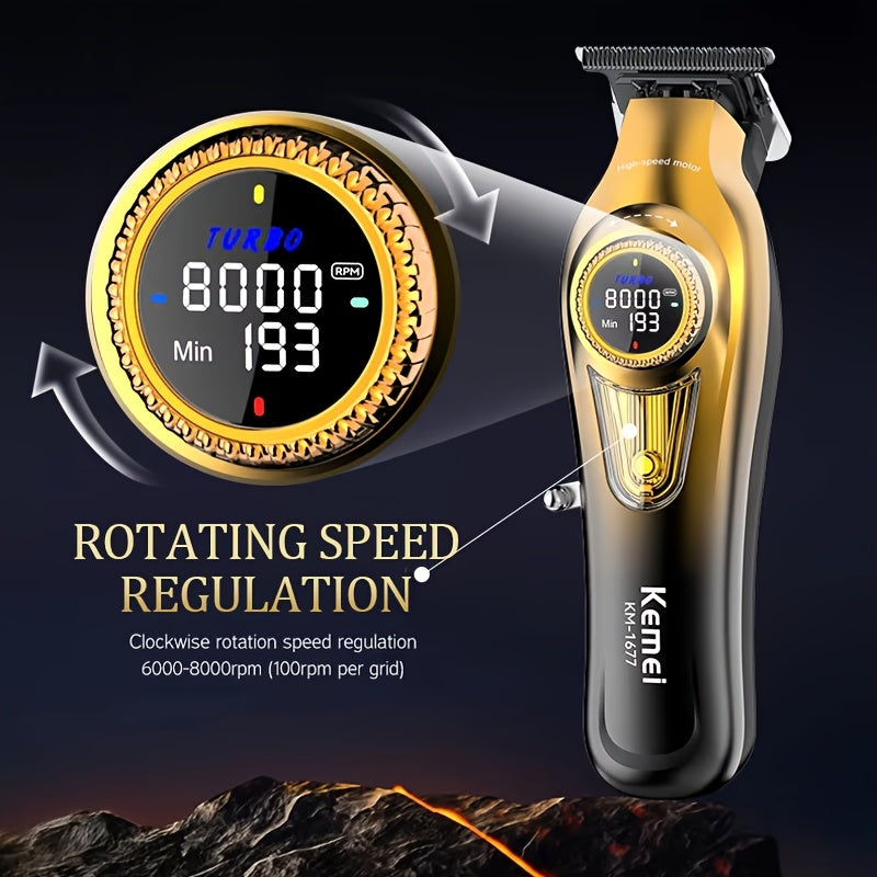 Kemei KM-1677 Профессиональный мужской машинка для стрижки с керамическими лезвиями, мотором 8000 об/мин, USB-зарядкой, регулируемой длиной, цифровым дисплеем, золотой и черной — идеально подходит для точных стрижек &