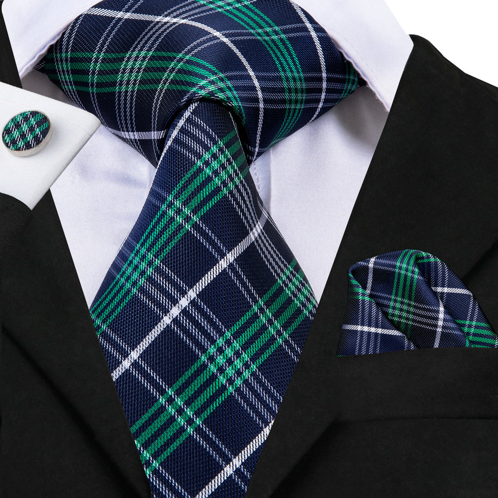 Men's Plaid Necktie Set with Hanky and Cufflinks for Weddings Business and Parties