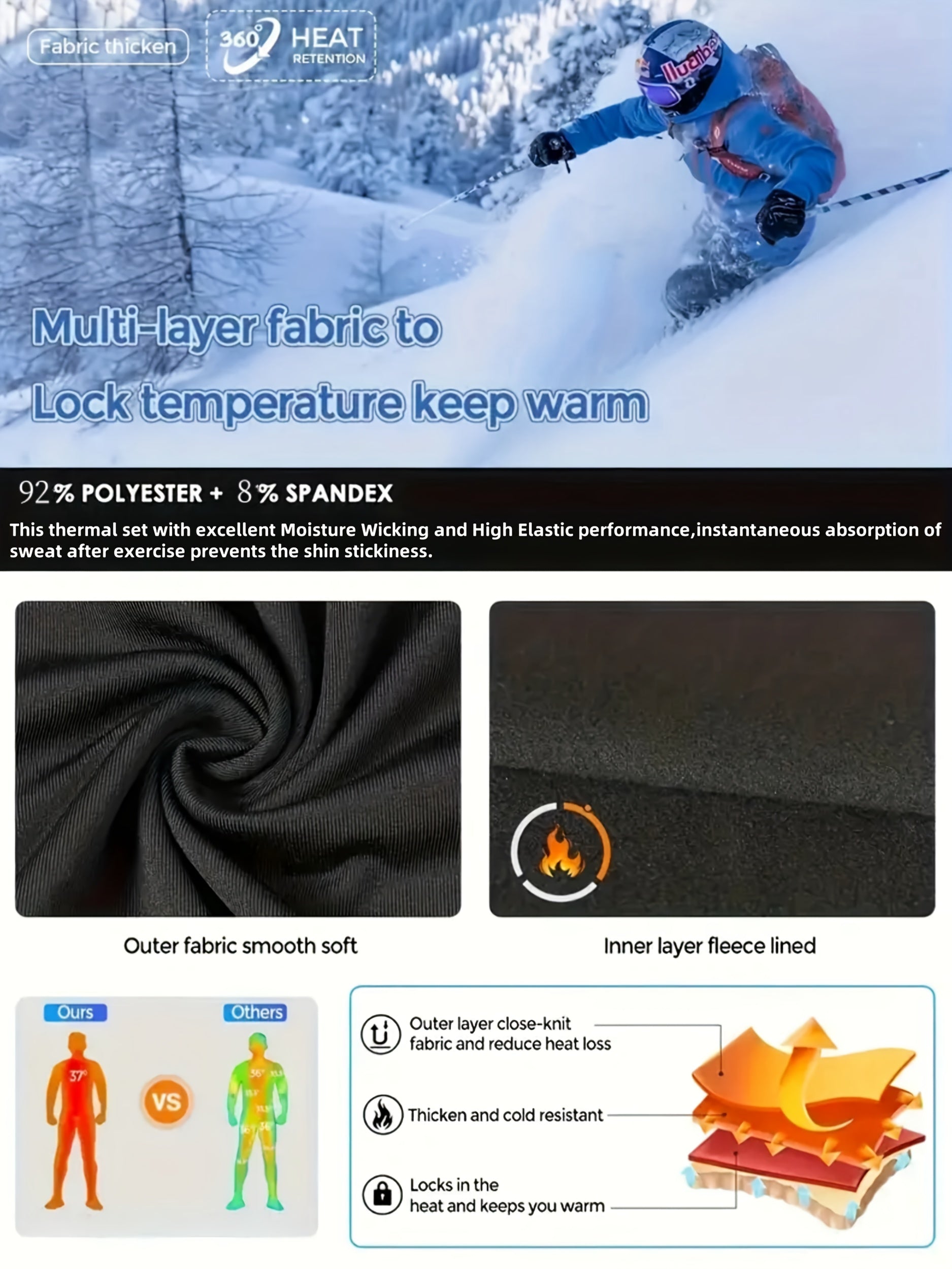 Plus Size Men's Thermal Underwear Set Fleece Compression Shirt Breathable Leggings Fall Winter