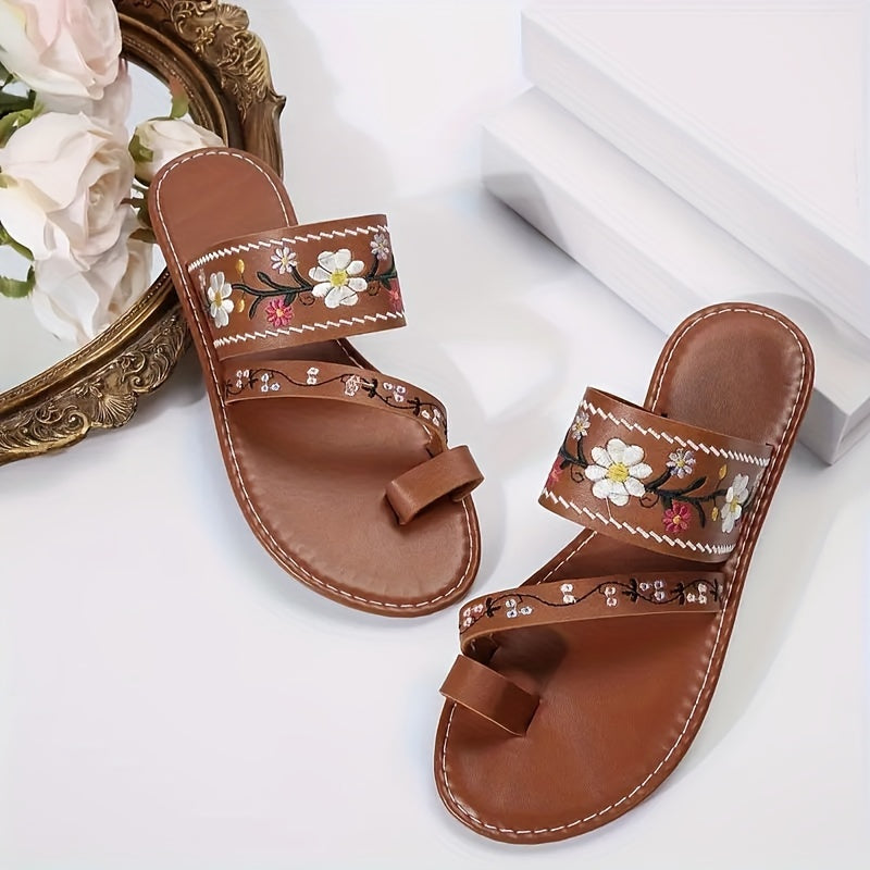 Ladies Open-Toe Embroidered Summer Slippers Breathable Flat Shoes