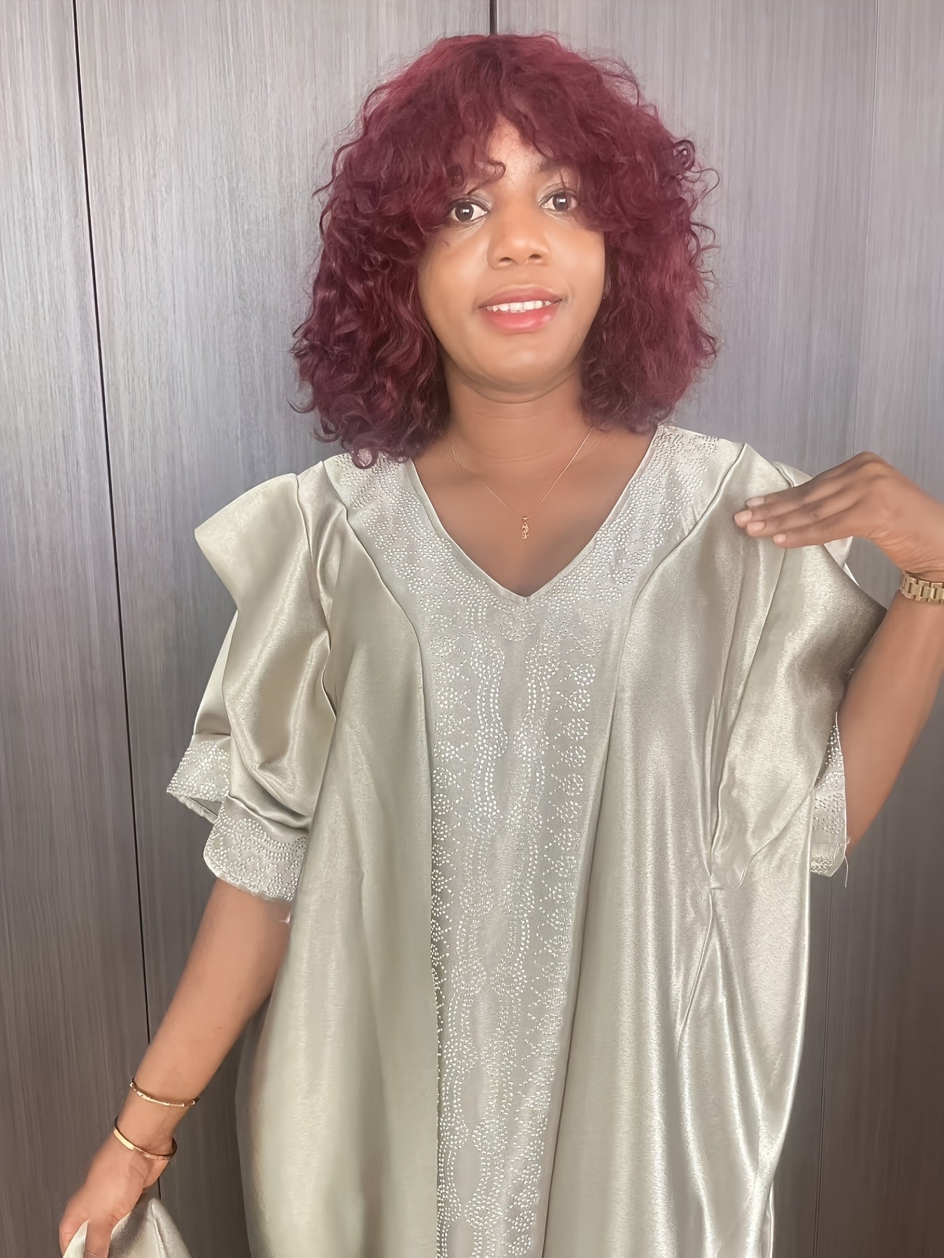 Plus Size Long Dress with Rhinestone Embellishments V-Neck Short Sleeve Women’s Robe