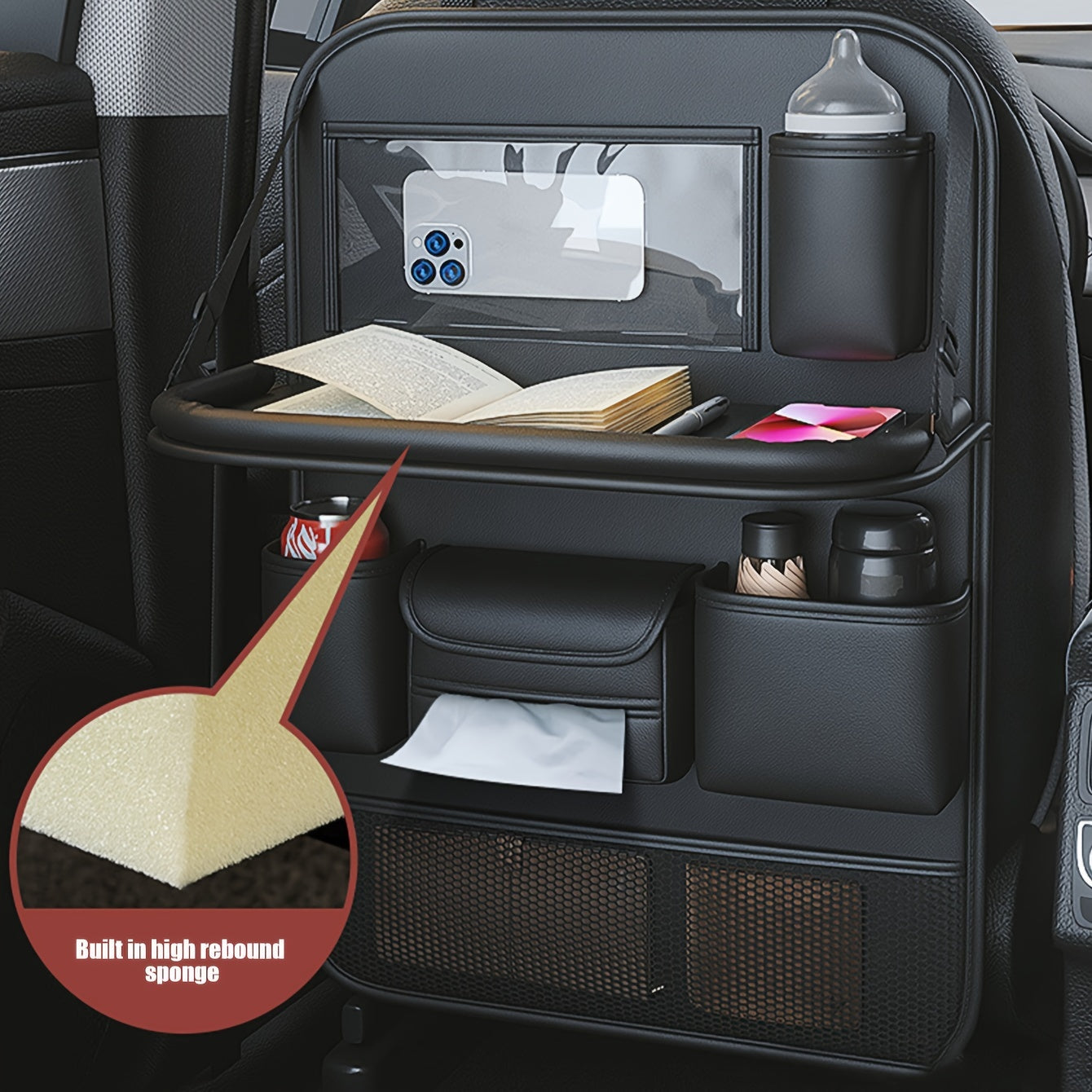 Car Back Seat Organizer Leather Storage Bag with Folding Table