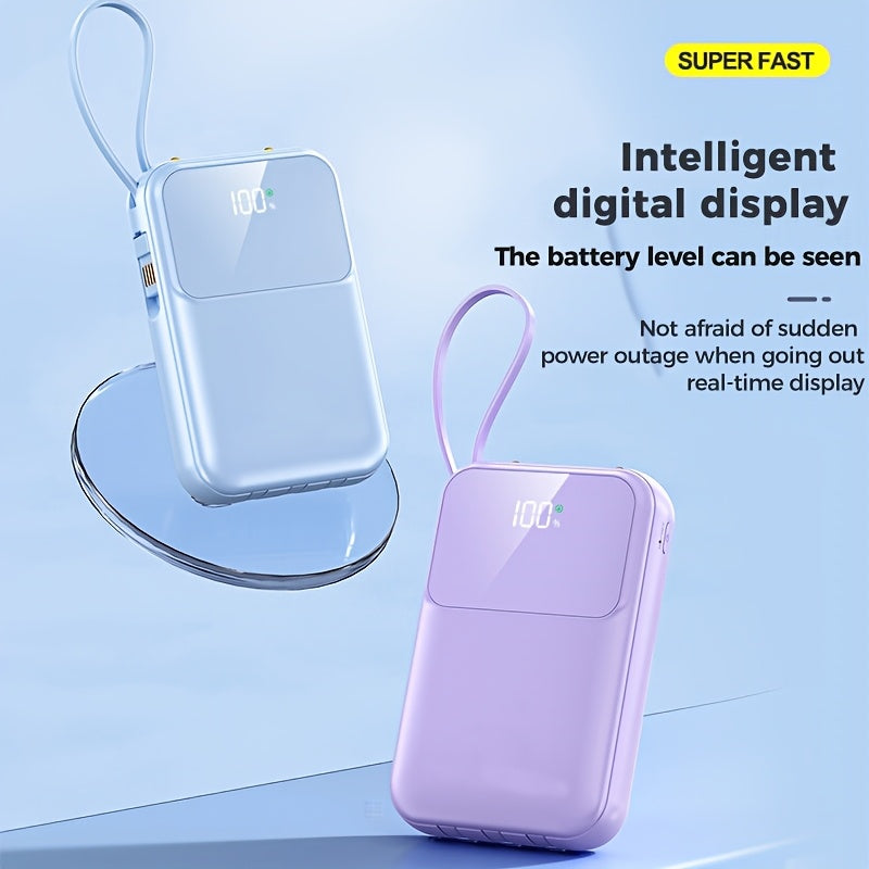 10000mAh Portable Power Bank with PD20W Fast Charging Built-in Cable LED Display for iPhone Android Outdoor Use